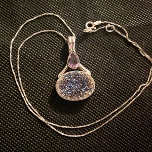 Vintage Bohemian Amethyst Quartz and Amethyst Pendant Sterling Silver, 18” Chain